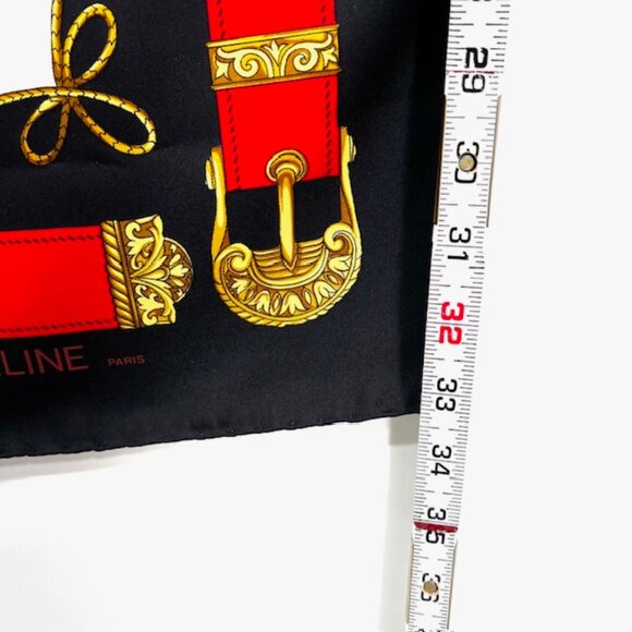 Unused Celine Paris 100% Silk Scarf Satin 34" Beige Black Red Prumpet Bow  (37 - Picture 10 of 16